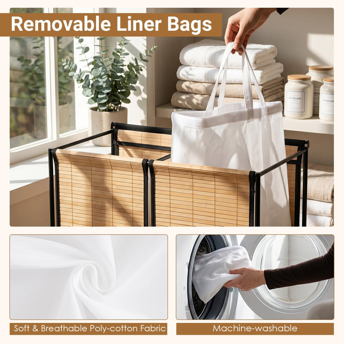 2-Section Laundry Hamper with Lid and Wheels, 18.5 Gal