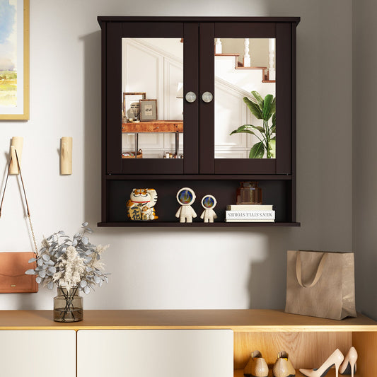 Double Door Wall-Mounted Bathroom Mirror Cabinet with Storage Shelf