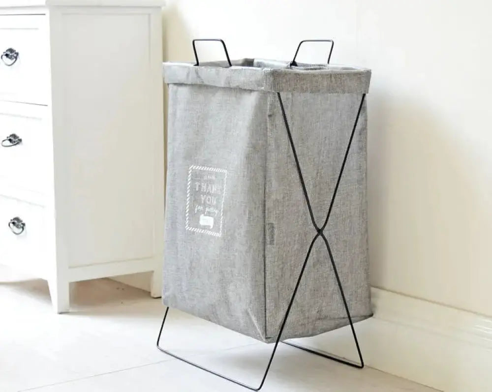 Embroidered Denim Laundry Basket with White Metal Frame