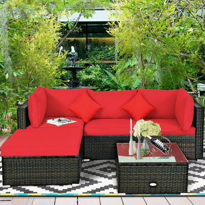 5 Pcs Outdoor Patio Rattan Furniture Set Sectional Conversation with Navy Cushions-Turquoise