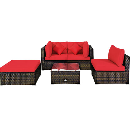 5 Pcs Outdoor Patio Rattan Furniture Set Sectional Conversation with Navy Cushions-Turquoise