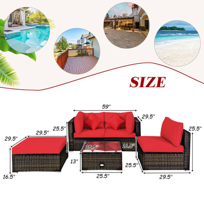 5 Pcs Outdoor Patio Rattan Furniture Set Sectional Conversation with Navy Cushions-Turquoise