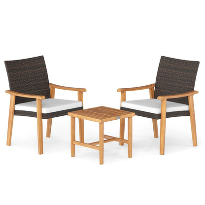 3 Pieces Patio PE Wicker Furniture Set Acacia Wood Outdoor Conversation Bistro Set-White