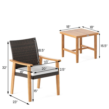 3 Pieces Patio PE Wicker Furniture Set Acacia Wood Outdoor Conversation Bistro Set-White