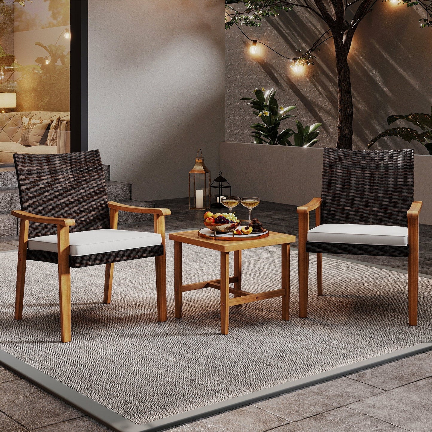 3 Pieces Patio PE Wicker Furniture Set Acacia Wood Outdoor Conversation Bistro Set-White