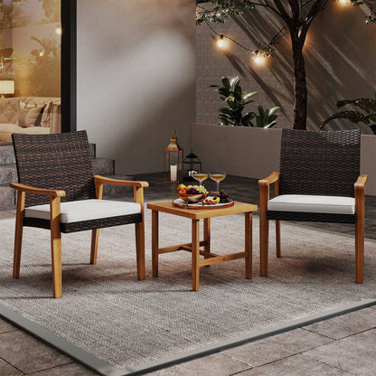 3 Pieces Patio PE Wicker Furniture Set Acacia Wood Outdoor Conversation Bistro Set-White