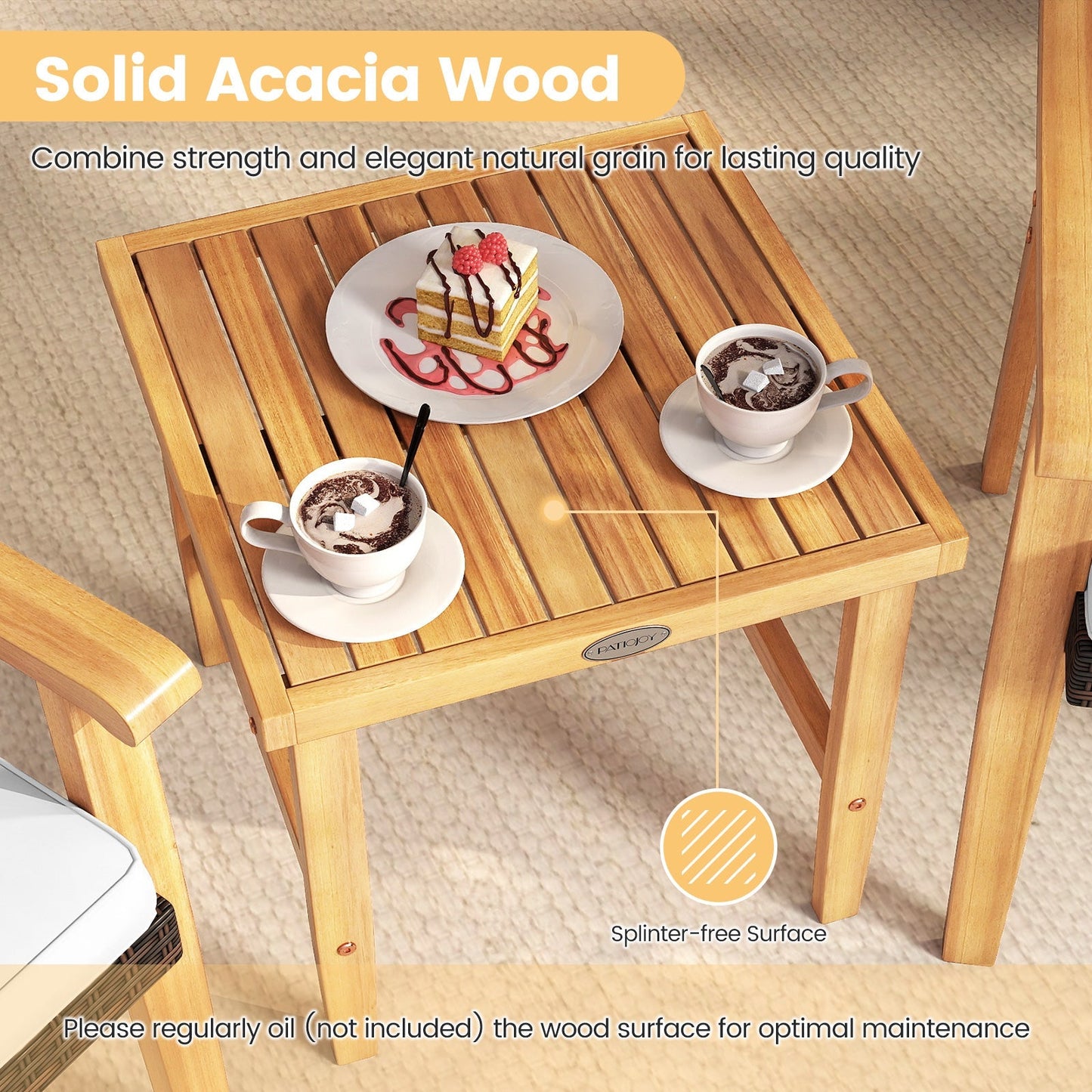 3 Pieces Patio PE Wicker Furniture Set Acacia Wood Outdoor Conversation Bistro Set-White
