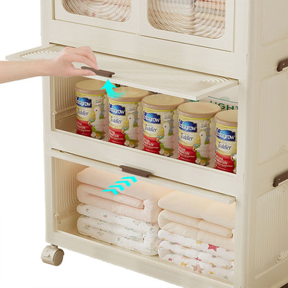 Portable Wardrobe Closet Storage Organizer With Magnetic Doors And Hanging Rod - Cream White