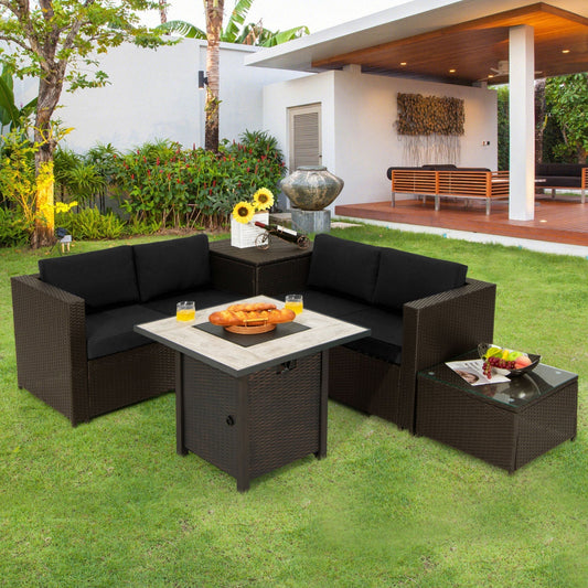 5-Piece Patio Furniture Set with 30 Inches Gas Fire Pit Table Outdoor PE Wicker Sofa Set