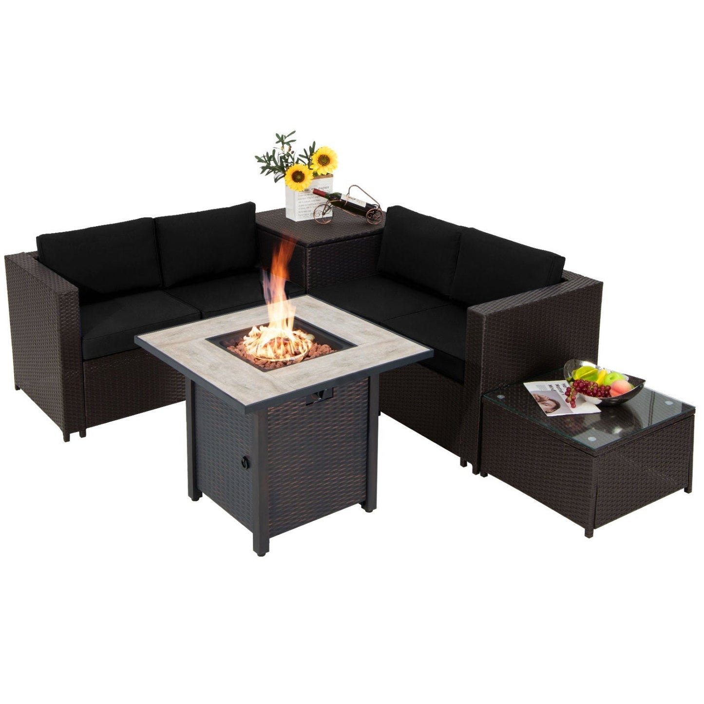 5-Piece Patio Furniture Set with 30 Inches Gas Fire Pit Table Outdoor PE Wicker Sofa Set