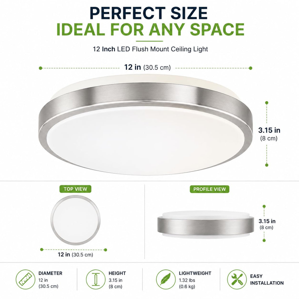 12 Inch LED Flush Mount Ceiling Light Fixture - TRIAC Dimmable - 15W Power, 1050LM - Modern Single Ring Ceiling Light for Bedroom, Kitchen, Bathroom, Home & Office - ETL Certified - Silver