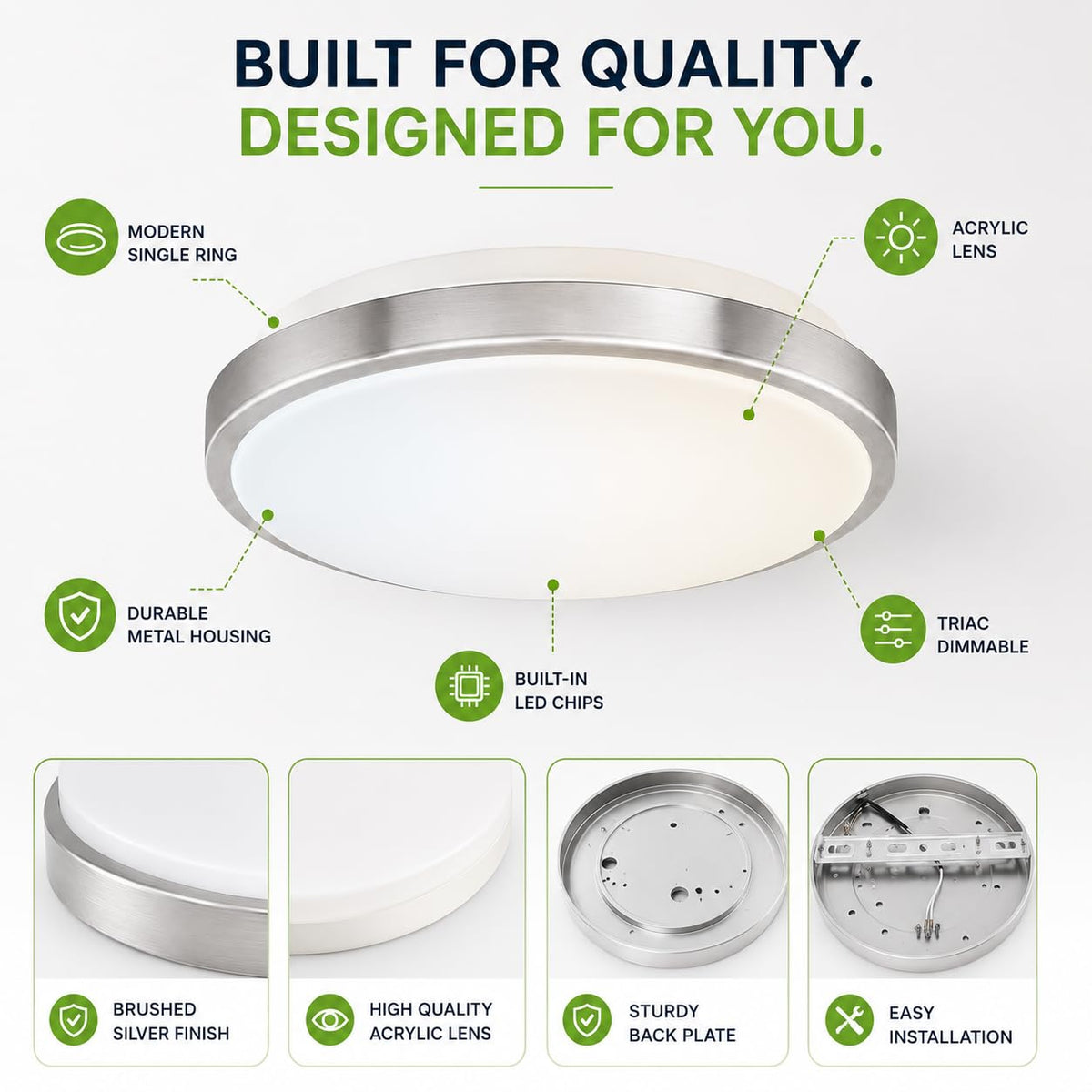 12 Inch LED Flush Mount Ceiling Light Fixture - TRIAC Dimmable - 15W Power, 1050LM - Modern Single Ring Ceiling Light for Bedroom, Kitchen, Bathroom, Home & Office - ETL Certified - Silver