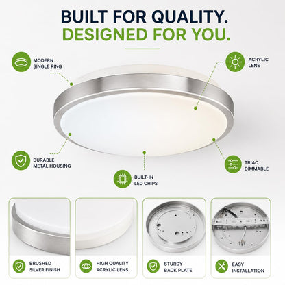 12 Inch LED Flush Mount Ceiling Light Fixture - TRIAC Dimmable - 15W Power, 1050LM - Modern Single Ring Ceiling Light for Bedroom, Kitchen, Bathroom, Home & Office - ETL Certified - Silver