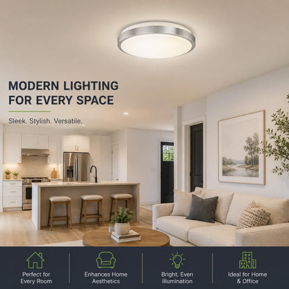 12 Inch LED Flush Mount Ceiling Light Fixture - TRIAC Dimmable - 15W Power, 1050LM - Modern Single Ring Ceiling Light for Bedroom, Kitchen, Bathroom, Home & Office - ETL Certified - Silver
