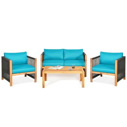 4 Pieces Acacia Wood Outdoor Patio Furniture Set with Cushions