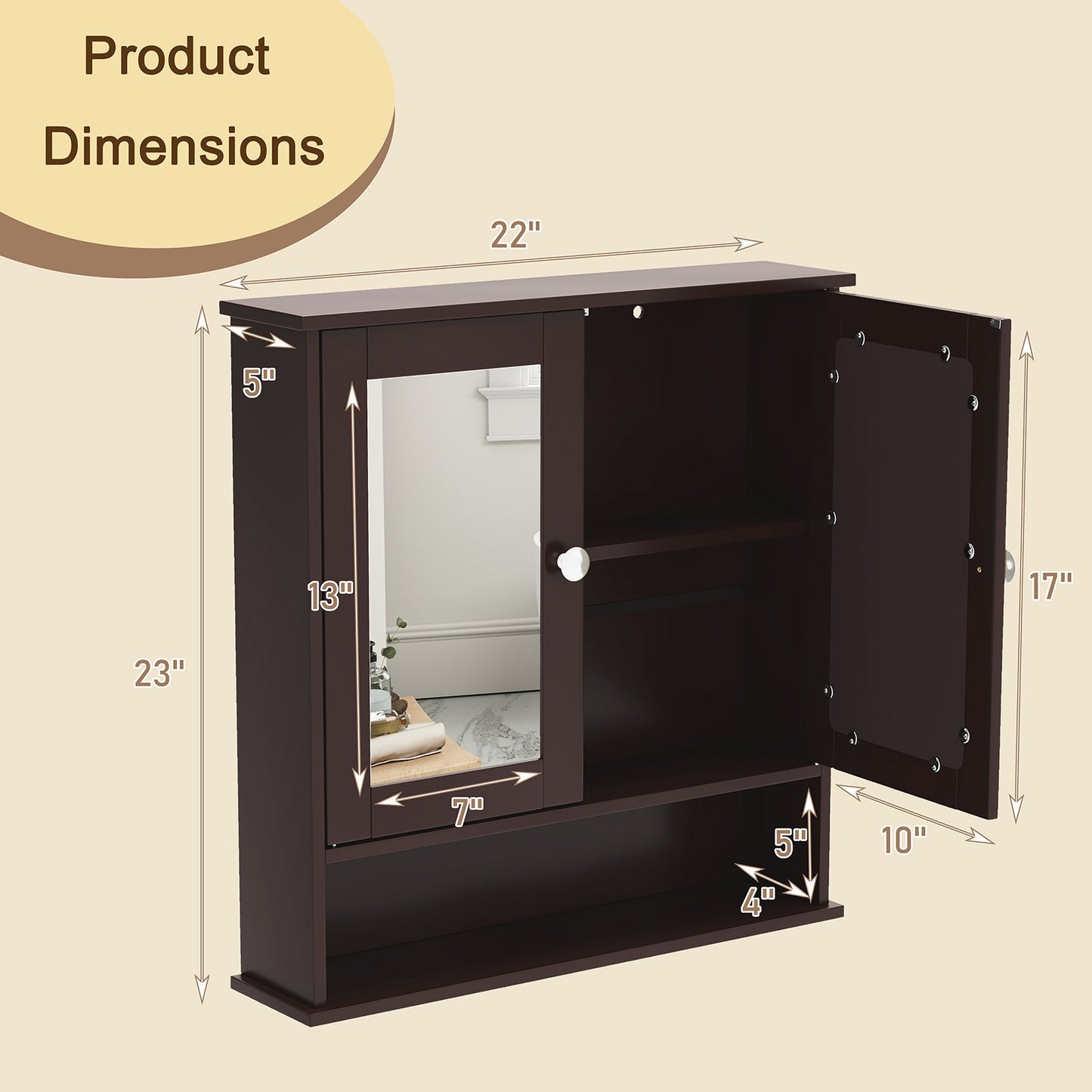 Double Door Wall-Mounted Bathroom Mirror Cabinet with Storage Shelf