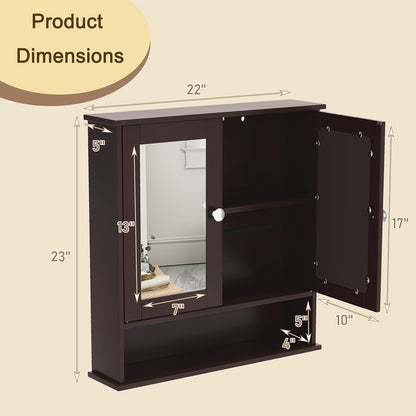 Double Door Wall-Mounted Bathroom Mirror Cabinet with Storage Shelf