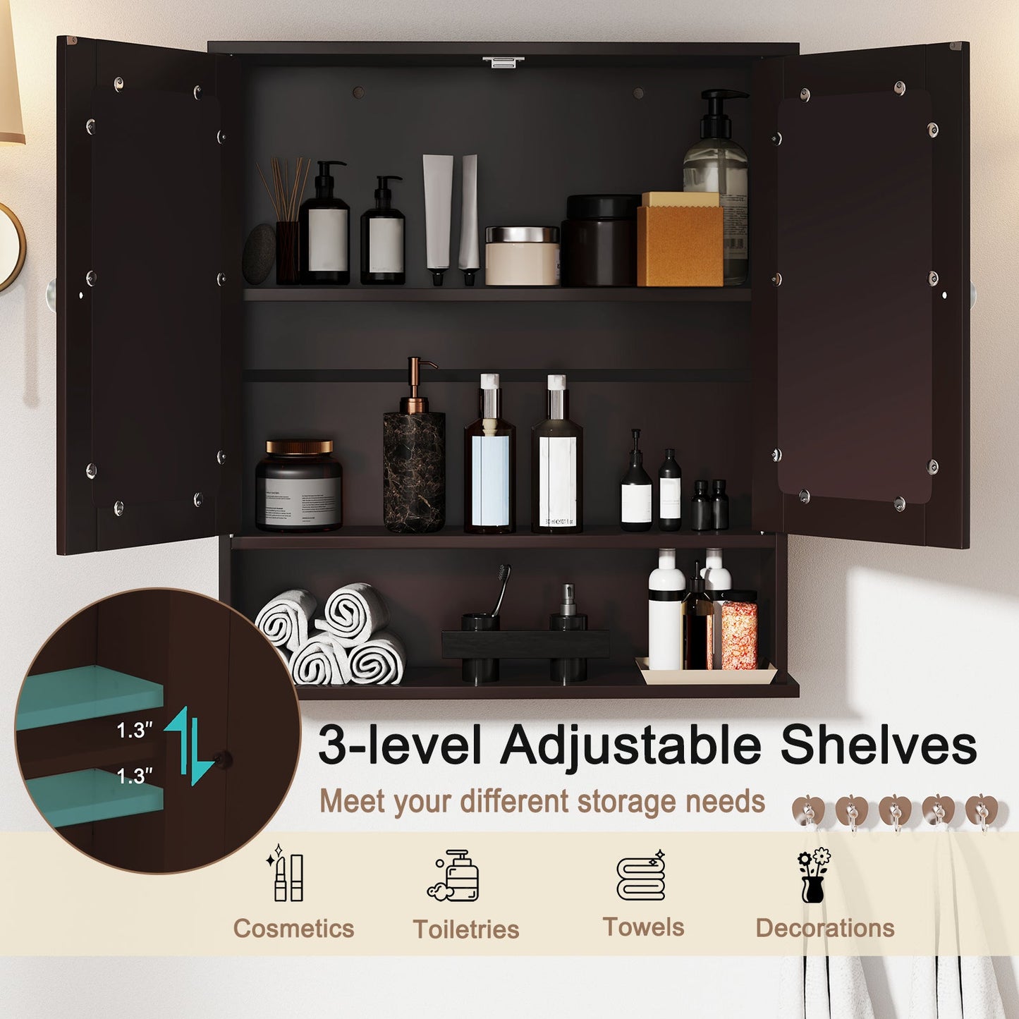 Double Door Wall-Mounted Bathroom Mirror Cabinet with Storage Shelf