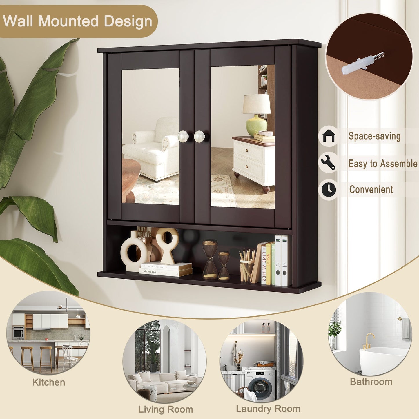 Double Door Wall-Mounted Bathroom Mirror Cabinet with Storage Shelf