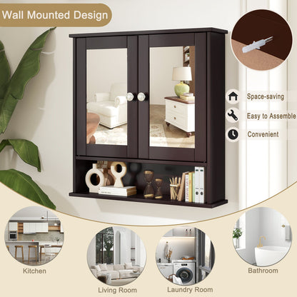 Double Door Wall-Mounted Bathroom Mirror Cabinet with Storage Shelf