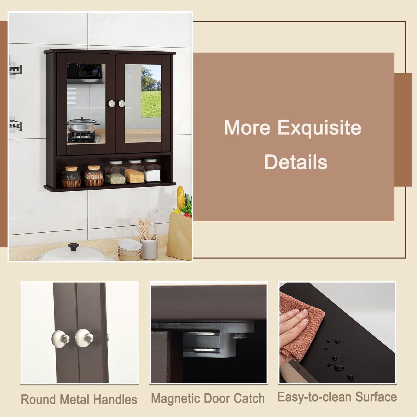 Double Door Wall-Mounted Bathroom Mirror Cabinet with Storage Shelf