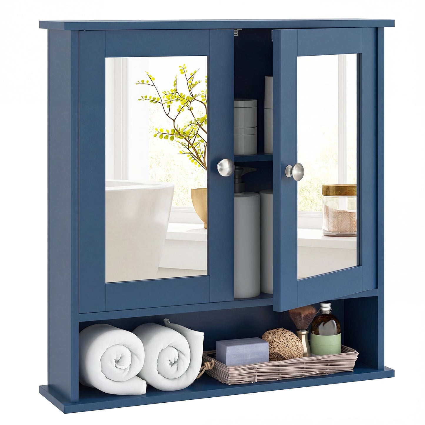 Double Door Wall-Mounted Bathroom Mirror Cabinet with Storage Shelf