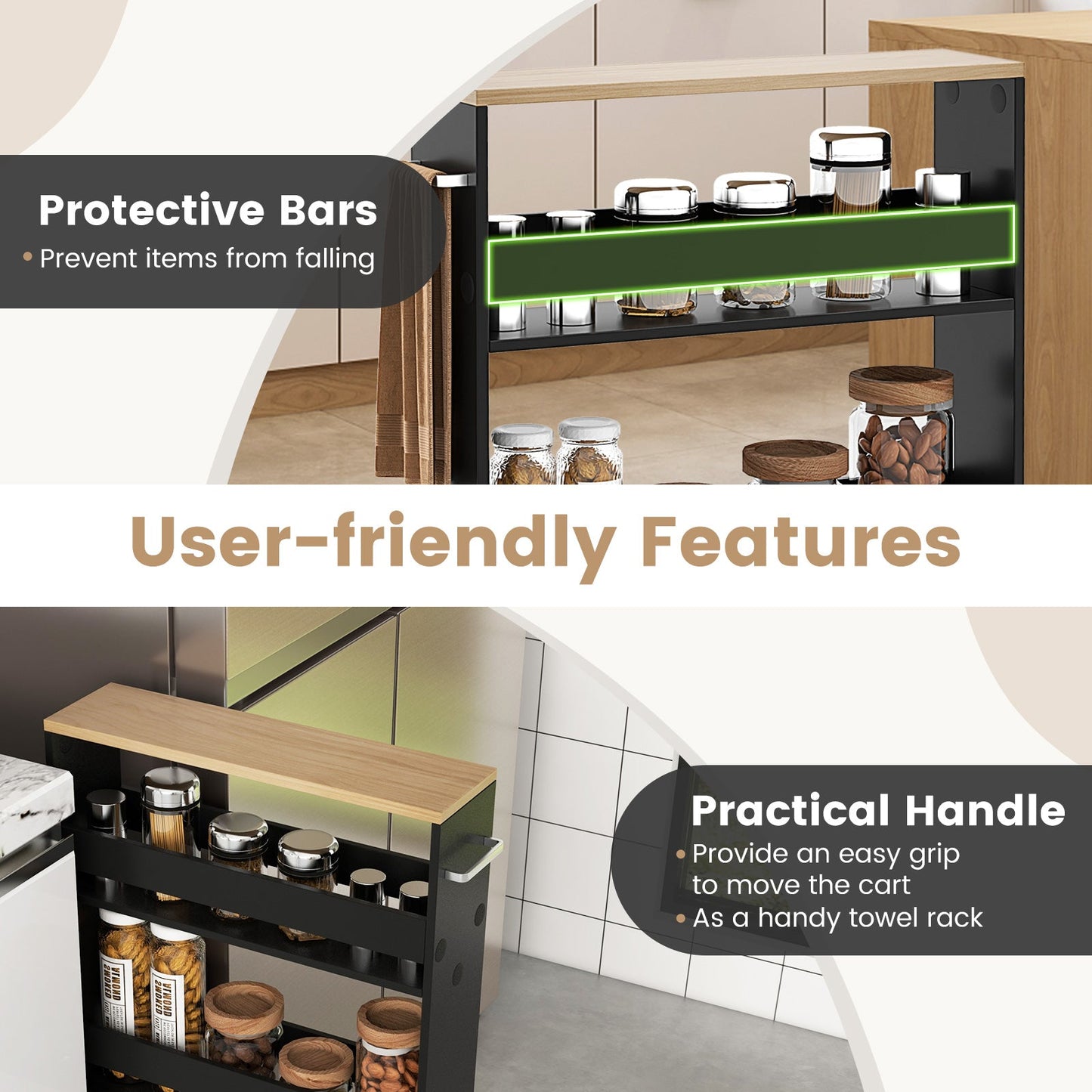 Rolling Kitchen Slim Storage Cart Mobile Shelving Organizer with Handle