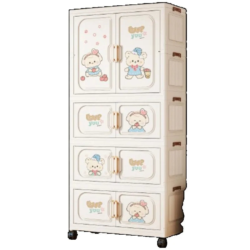 Cartoon Kids Wardrobe Foldable Plastic Clothes Storage Cabinet Nursery Organizer Space Saving Baby Closet Wardrobe White