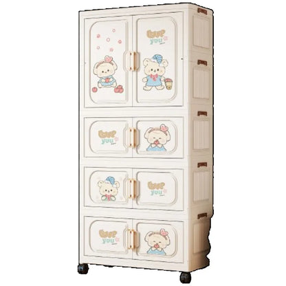 Cartoon Kids Wardrobe Foldable Plastic Clothes Storage Cabinet Nursery Organizer Space Saving Baby Closet Wardrobe White