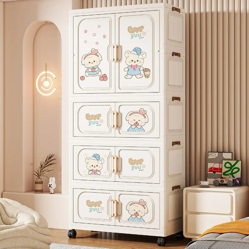 Cartoon Kids Wardrobe Foldable Plastic Clothes Storage Cabinet Nursery Organizer Space Saving Baby Closet Wardrobe White
