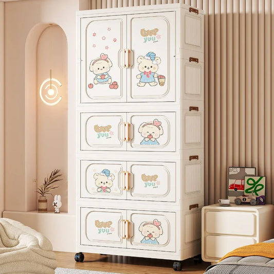 Cartoon Kids Wardrobe Foldable Plastic Clothes Storage Cabinet Nursery Organizer Space Saving Baby Closet Wardrobe White