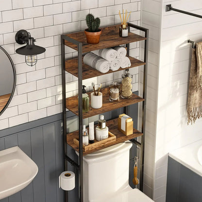 4-Tier Over Toilet Storage Rack with Hooks, Space-Saving Bathroom Organizer in Rustic Brown