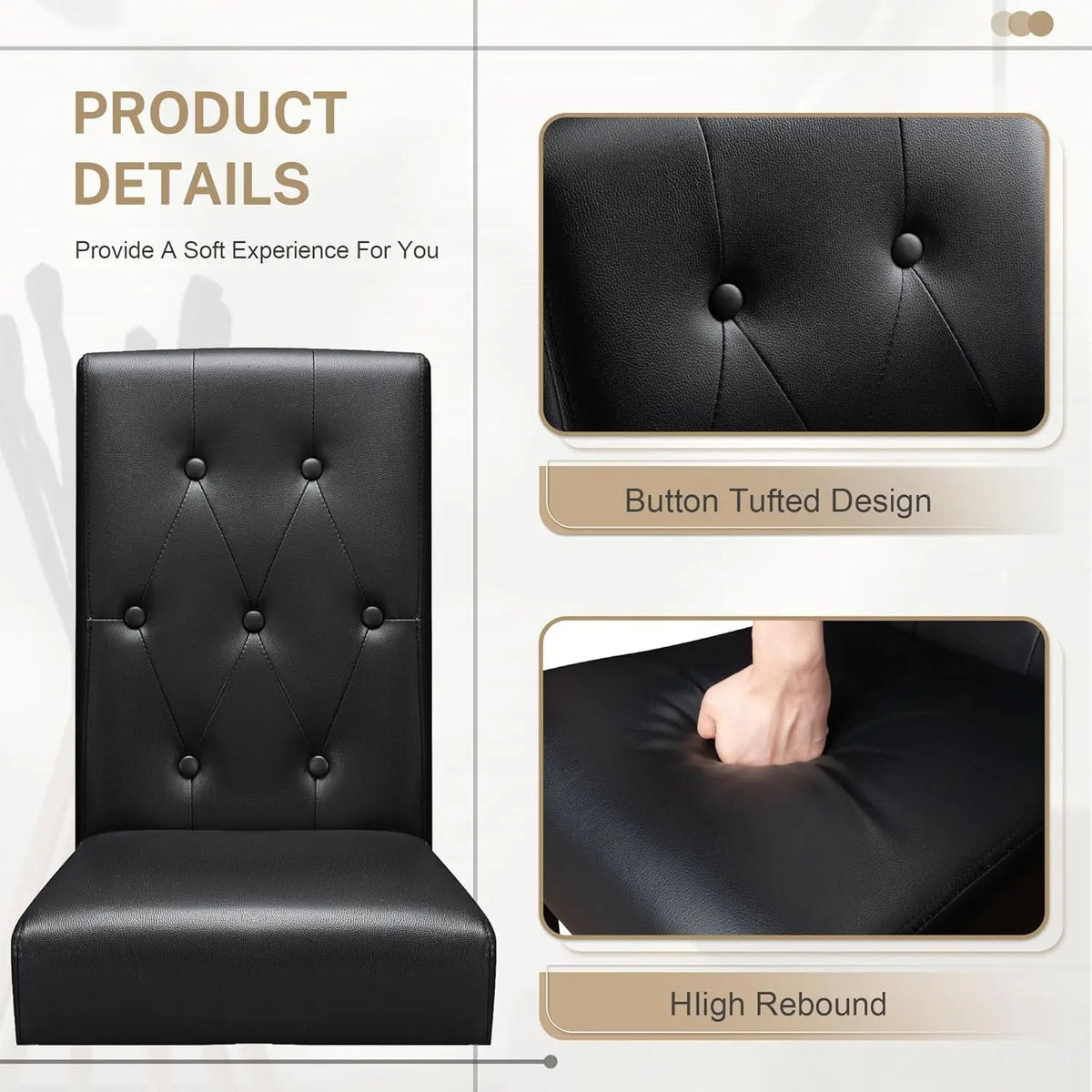 Upholstered Dining Chairs Set of 4, PU Leather Dinning Room Chairs, Button Tufted Kitchen Chairs with Adjustable Wood Legs