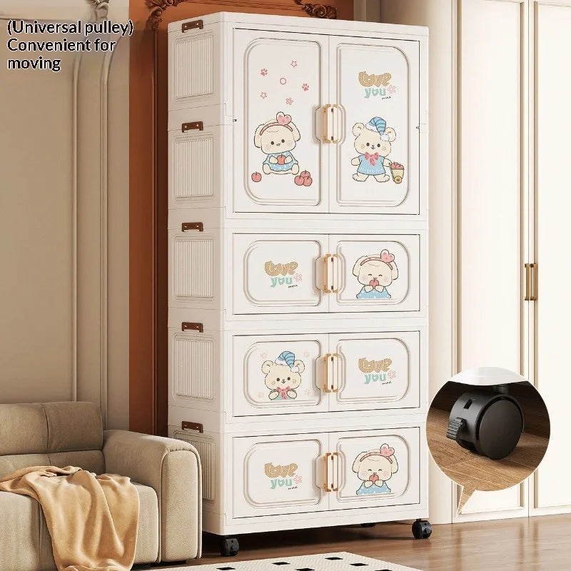 Cartoon Kids Wardrobe Foldable Plastic Clothes Storage Cabinet Nursery Organizer Space Saving Baby Closet Wardrobe White