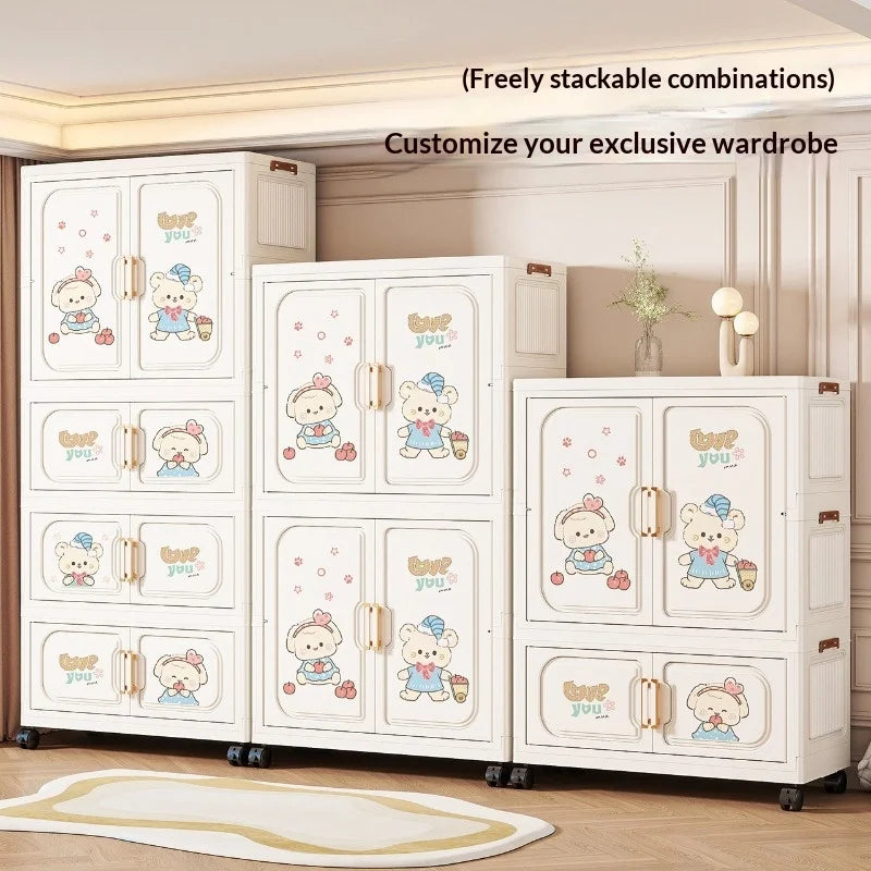 Cartoon Kids Wardrobe Foldable Plastic Clothes Storage Cabinet Nursery Organizer Space Saving Baby Closet Wardrobe White