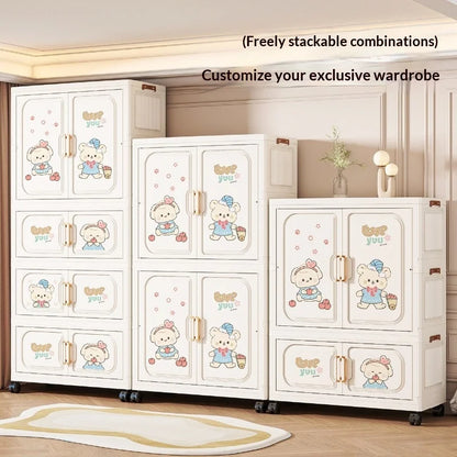 Cartoon Kids Wardrobe Foldable Plastic Clothes Storage Cabinet Nursery Organizer Space Saving Baby Closet Wardrobe White