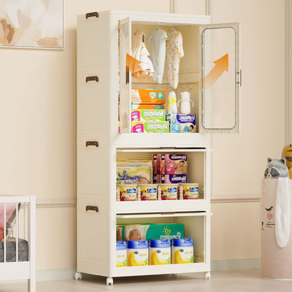 Portable Wardrobe Closet Storage Organizer With Magnetic Doors And Hanging Rod - Cream White