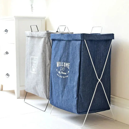 Embroidered Denim Laundry Basket with White Metal Frame