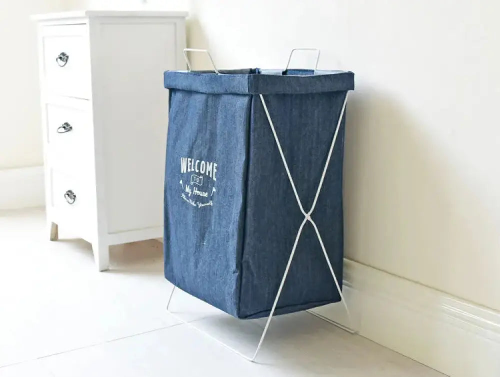 Embroidered Denim Laundry Basket with White Metal Frame