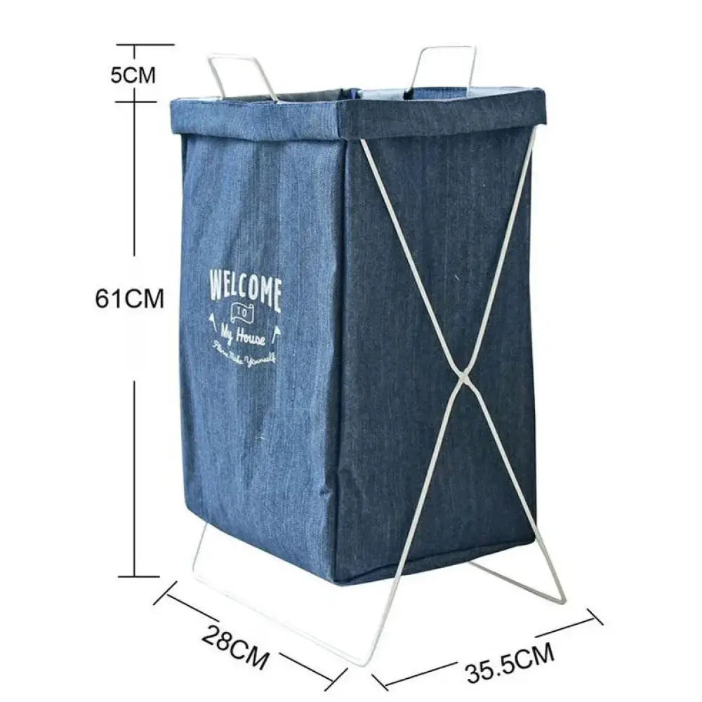 Embroidered Denim Laundry Basket with White Metal Frame