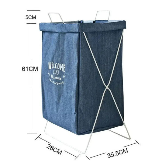 Embroidered Denim Laundry Basket with White Metal Frame
