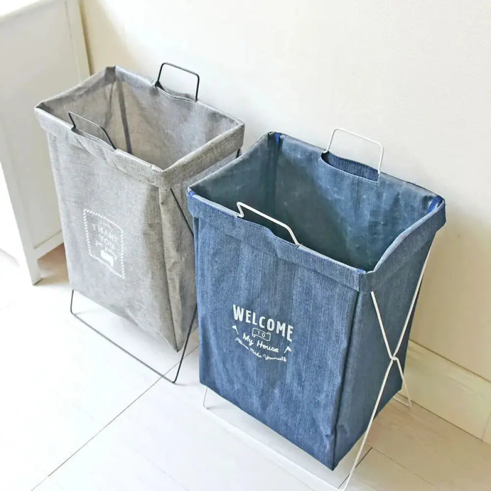 Embroidered Denim Laundry Basket with White Metal Frame