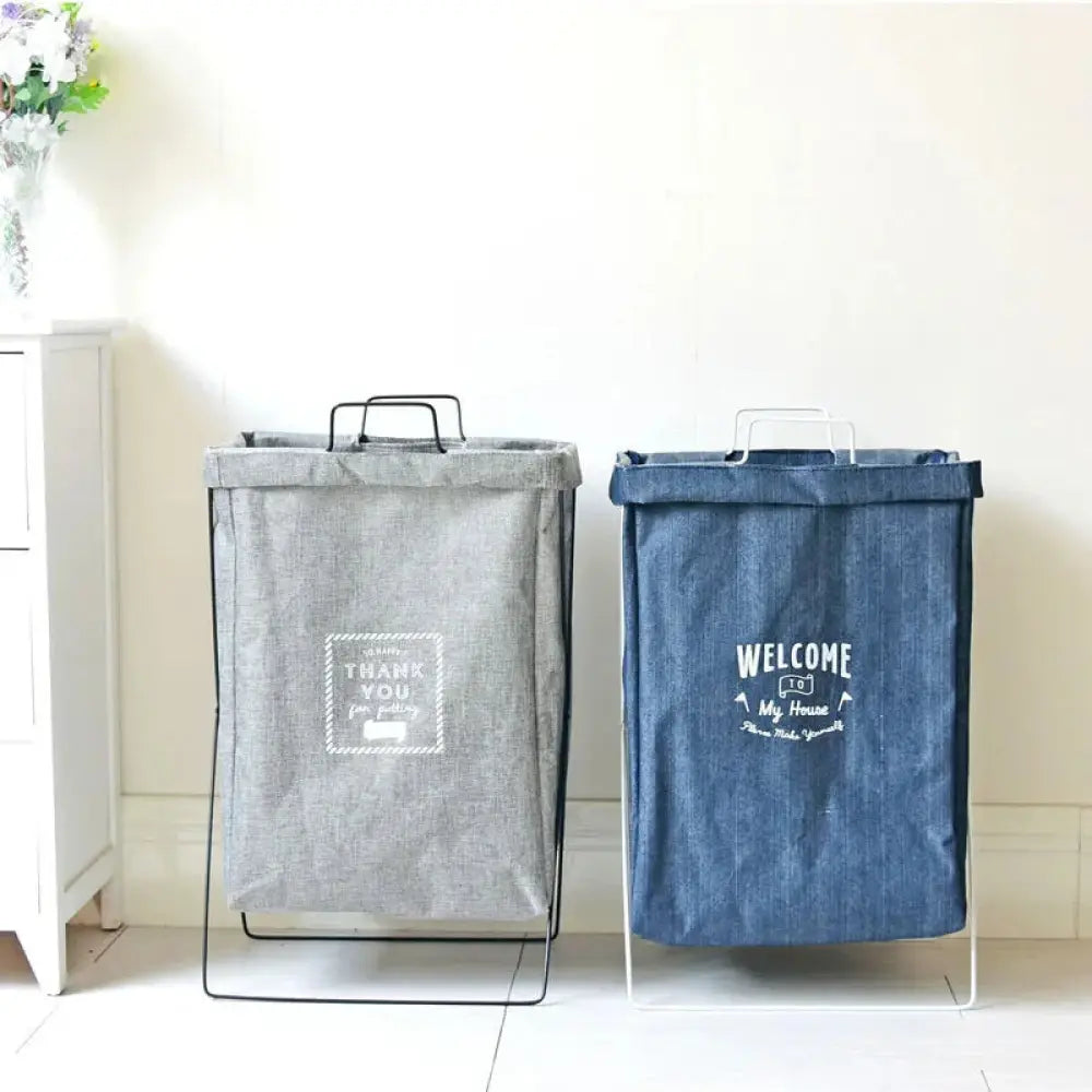 Embroidered Denim Laundry Basket with White Metal Frame